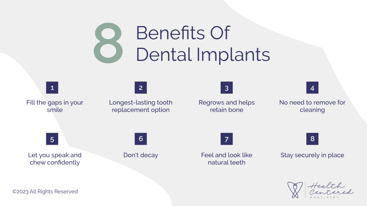 8 benefits of dental implants infographic