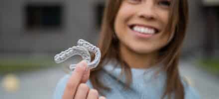 woman holding clear aligners in her hand